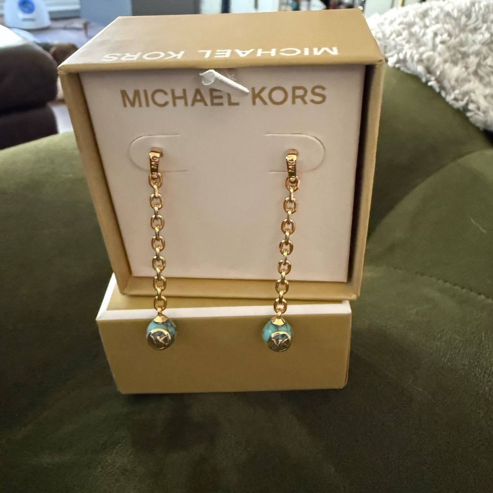 PRICE DROP! Michael Kors Gold and Blue Linear Drop Earrings- NIB